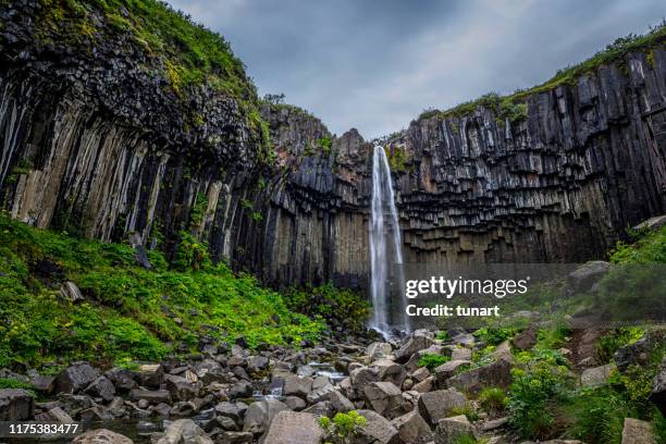 cachoeira de svartifoss que cai de sobre as rochas do basalto, islândia - vatnajokull - fotografias e filmes do acervo