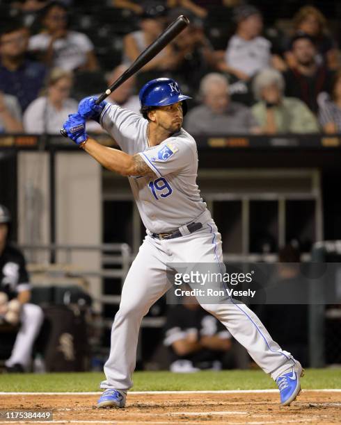 Cheslor Cuthbert of the Kansas City Royals bats against the Chicago White Sox on September 11, 2019 at Guaranteed Rate Field in Chicago, Illinois.