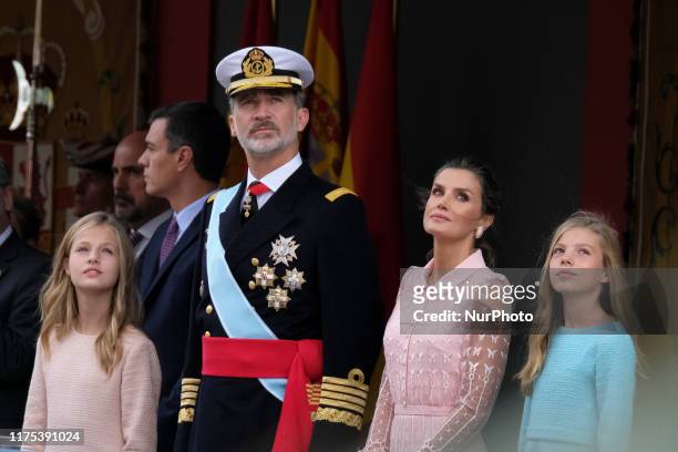 King Felipe of Spain, Queen Letizia of Spain, Princess Leonor and Princess Sofia attend the National Day Military Parade on October 12, 2019 in...