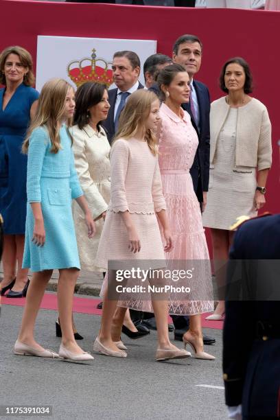 Queen Letizia of Spain, Princess Leonor and Princess Sofia attend the National Day Military Parade on October 12, 2019 in Madrid, Spain