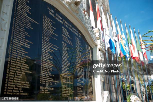 The wall bearing names of victims killed at the Bombing Bali Monument on October 12, 2019 in Kuta, Bali, Indonesia. The attack occurred on October...