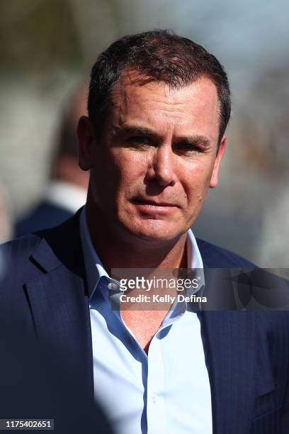 Wayne Carey arrives at the Danny Frawley Funeral Service on September 18, 2019 in Melbourne, Australia. Frawley died on 9th September 2019 aged 56...
