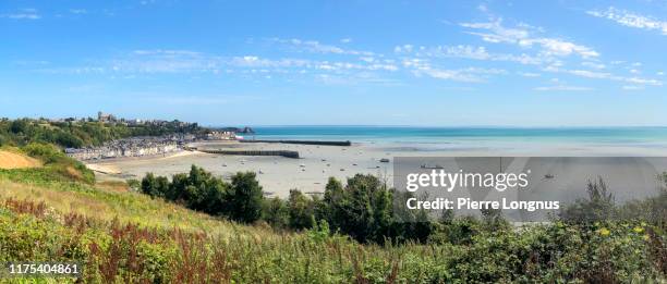 view of the village of cancale and coastline at low tide - cancale bildbanksfoton och bilder