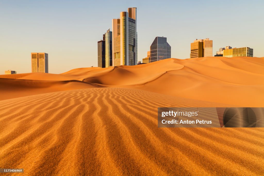 Conceptual image of a metropolis with skyscrapers in the desert
