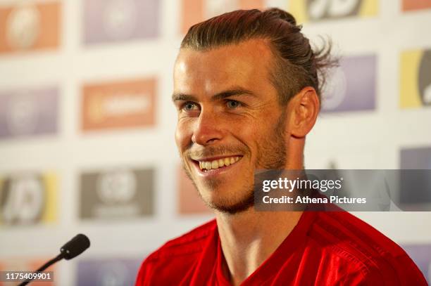 Gareth Bale of Wales speaks during the Wales Press Conference at The Vale Resort on October 12, 2019 in Cardiff, Wales.