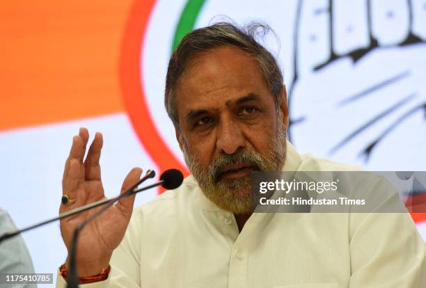 Congress leader Anand Sharma addresses a press conference over the mismanagement of economy by the BJP led government, at AICC on October 12, 2019 in...