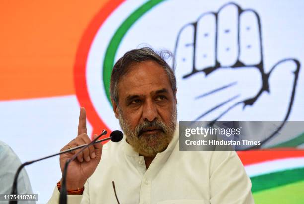 Congress leader Anand Sharma addresses a press conference over the mismanagement of economy by the BJP led government, at AICC on October 12, 2019 in...