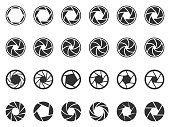 Camera lens diaphragm. Photo lenses aperture, cameras shutter silhouette icon and shutter apertures pictogram vector symbols set