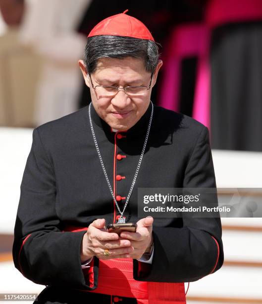 Pope Francis officiating the General Audience in Saint Peter's square. The President of Caritas Internationalis cardinal Luis Antonio Tagle. Vatican...