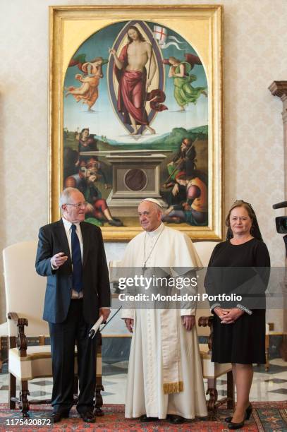 Pope Francis meeting Peruvian President Pedro Pablo Kuczynski and his wife Nancy Lange in the Private Library of the Apostolic Palace. Vatican City,...