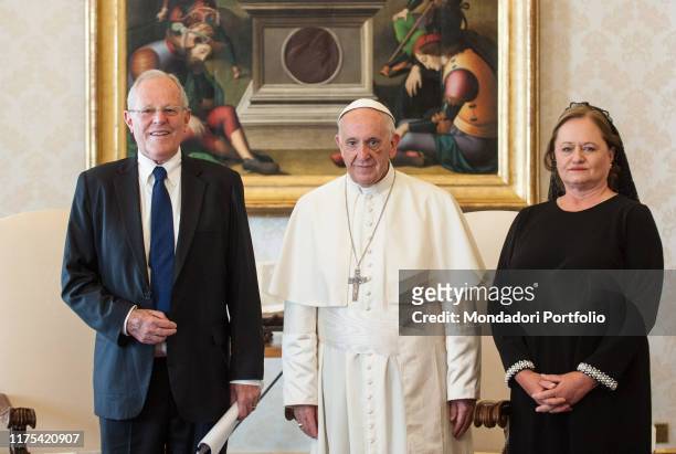 Pope Francis meeting Peruvian President Pedro Pablo Kuczynski and his wife Nancy Lange in the Private Library of the Apostolic Palace. Vatican City,...