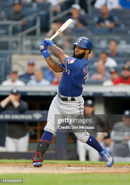 Danny Santana of the Texas Rangers in action against the New York Yankees at Yankee Stadium on September 04, 2019 in New York City. The Yankees...
