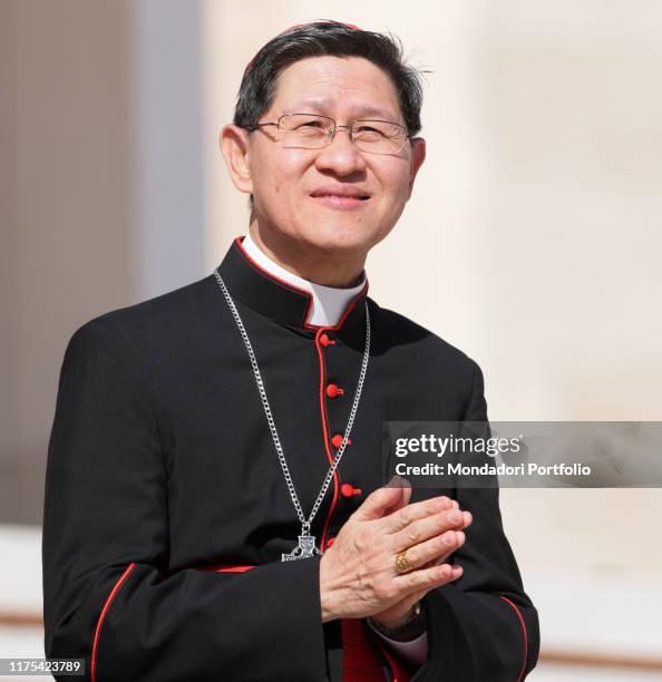 Pope Francis officiating the General Audience in Saint Peter's square. The President of Caritas Internationalis cardinal Luis Antonio Tagle. Vatican...