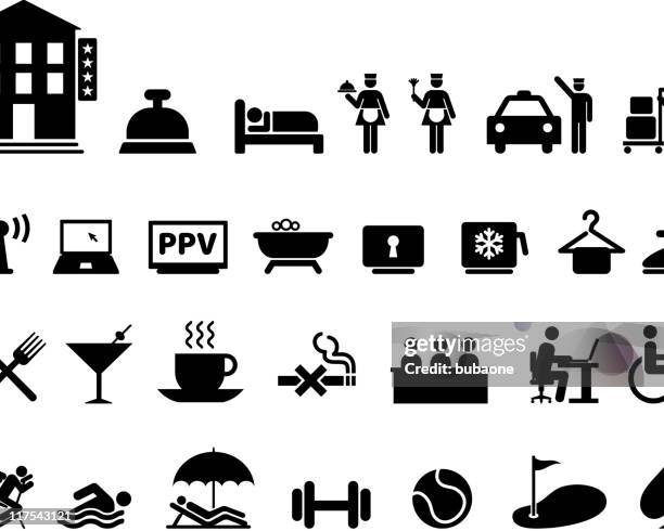 hotel amenities complete black & white vector icon set - building reception desk stock illustrations