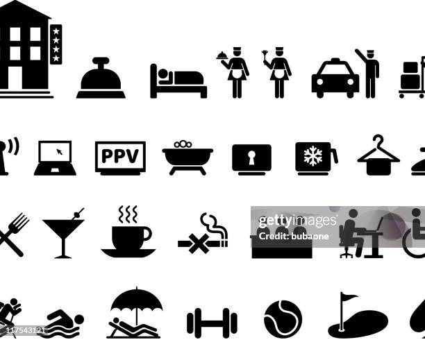 hotel amenities complete black & white vector icon set - door attendant stock illustrations