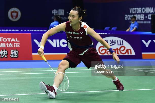 Tai Tzu Ying of Chinese Taipei competes in the Women's Singles first round match against Soniia Cheah of Malaysia on day two of 2019 China Badminton...