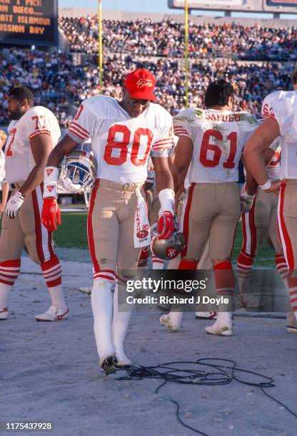 Jerry Rice on the sidelines. San Francisco 49ers 48 vs San Diego Chargers 10 at Jack Murphy Stadium in San Diego, California.