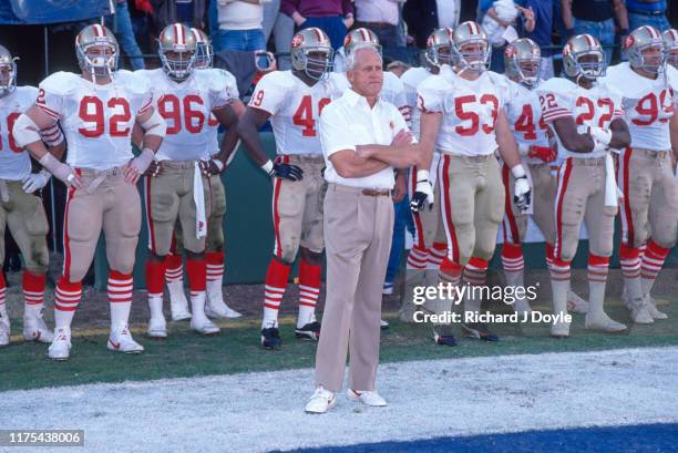 Head Coach Bill Walsh on the sidelines getting ready to start the game. San Francisco 49ers 48 vs San Diego Chargers 10 at Jack Murphy Stadium in San...