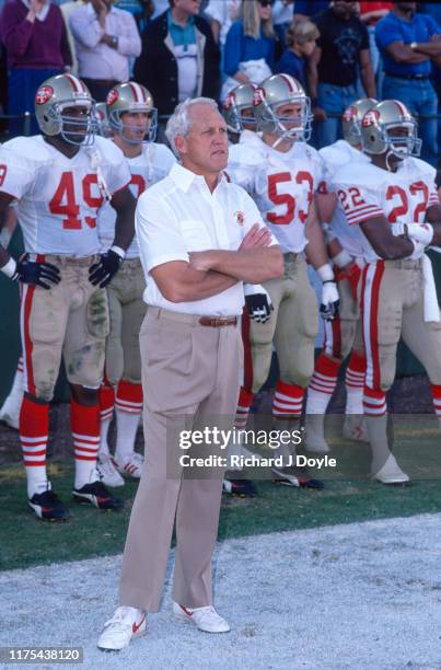 Head Coach Bill Walsh on the sidelines getting ready to start the game. San Francisco 49ers 48 vs San Diego Chargers 10 at Jack Murphy Stadium in San...