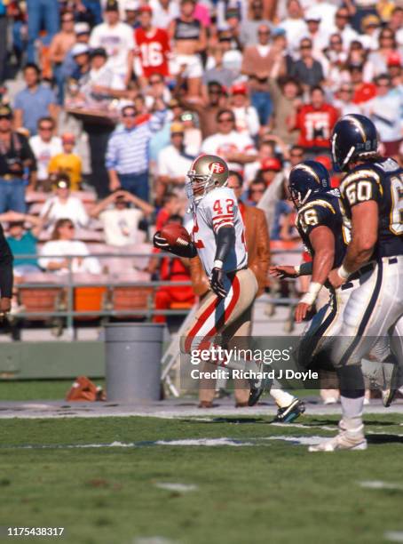 Ronnie Lott interception return. San Francisco 49ers 48 vs San Diego Chargers 10 at Jack Murphy Stadium in San Diego, California.