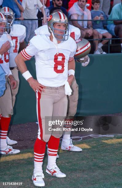 Steve Young waiting on the sidelines in the end zone before the start of the game. San Francisco 49ers 48 vs San Diego Chargers 10 at Jack Murphy...