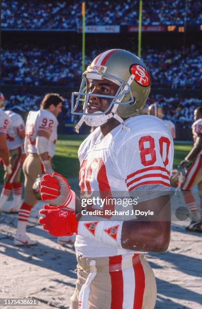 Jerry Rice on the sidelines. San Francisco 49ers 48 vs San Diego Chargers 10 at Jack Murphy Stadium in San Diego, California.