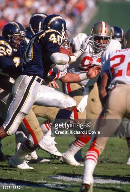 San Diego Chargers - RB Gary Anderson sweeps right to break through the S.F. 49ers defense. San Francisco 49ers 48 vs San Diego Chargers 10 at Jack...