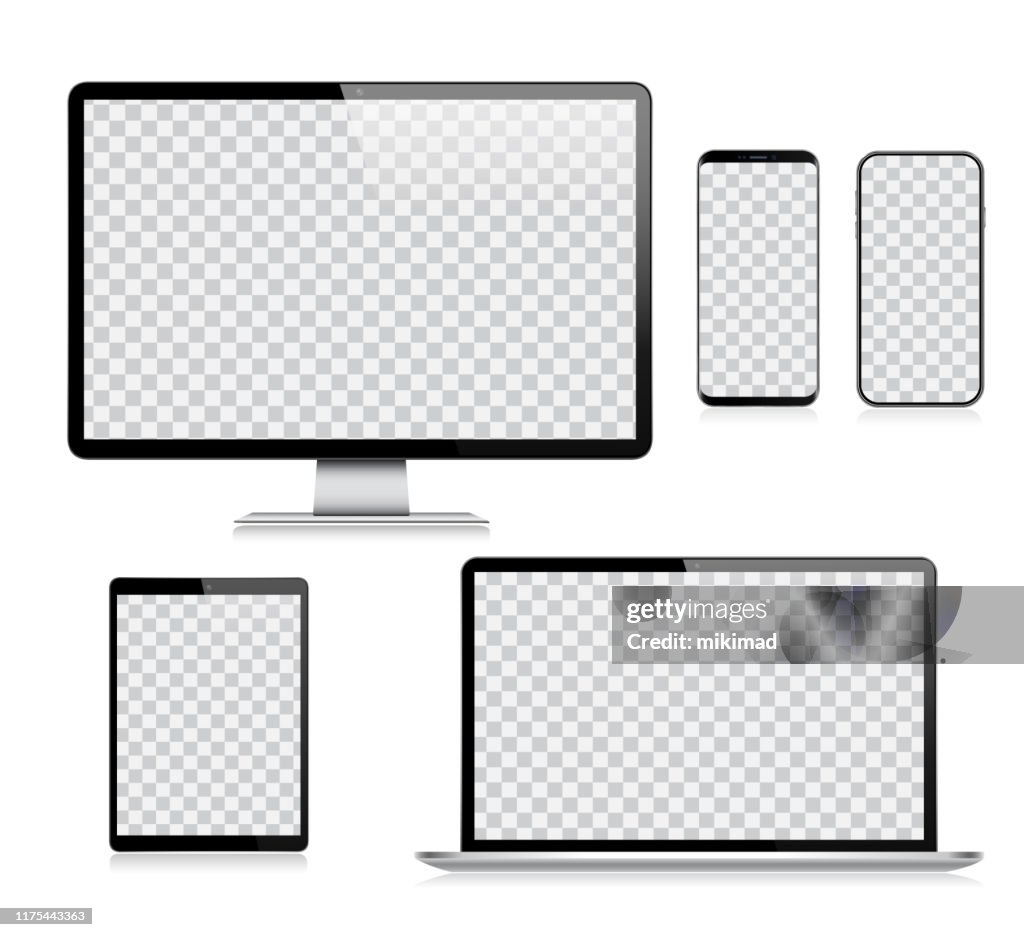 Tableta digital vectorial realista, teléfono móvil, teléfono inteligente, ordenador portátil y monitor de ordenador. Dispositivos digitales modernos