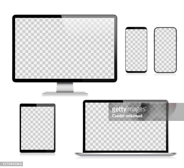 realistic vector digital tablet, mobile phone, smart phone, laptop and computer monitor. modern digital devices - device screen stock illustrations