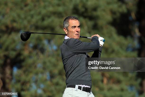 James Nesbitt plays a shot during the BMW PGA Championship Pro-Am at Wentworth Golf Club on September 18, 2019 in Virginia Water, United Kingdom.