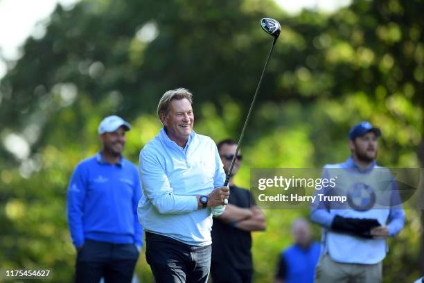 Glenn Hoddle plays a shot from the 4th tee during the BMW PGA Championship Pro-Am at Wentworth Golf Club on September 18, 2019 in Virginia Water,...