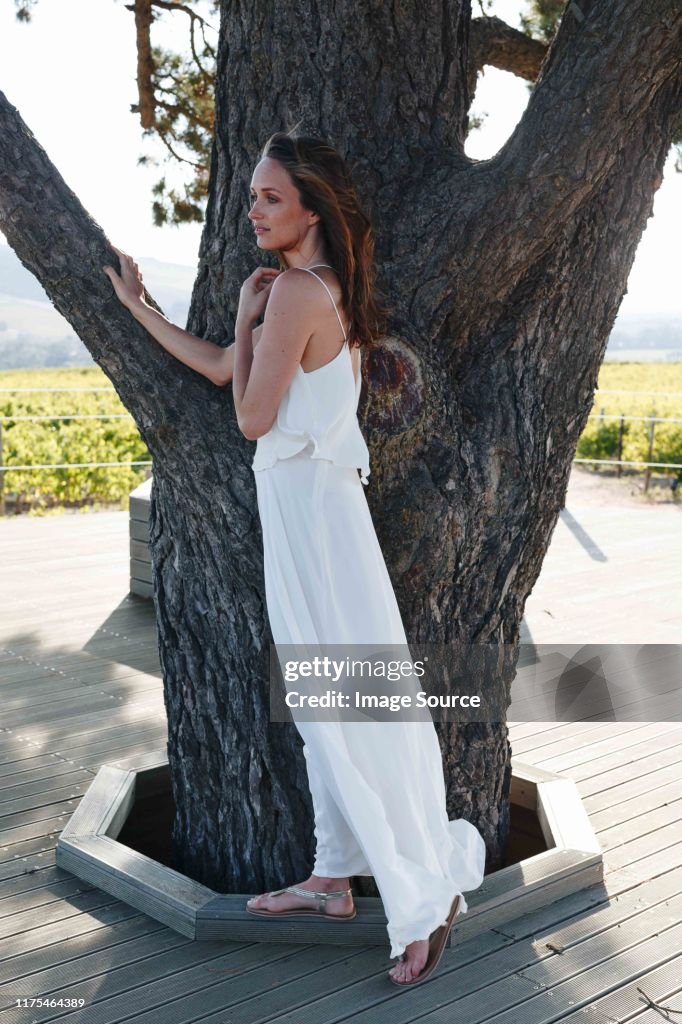 Woman standing by tree in vineyard, Cape Town, South Africa