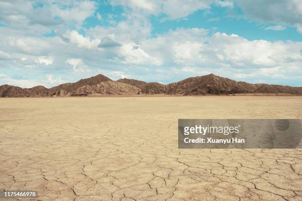 cracked land with arid mountains - paisaje árido fotografías e imágenes de stock