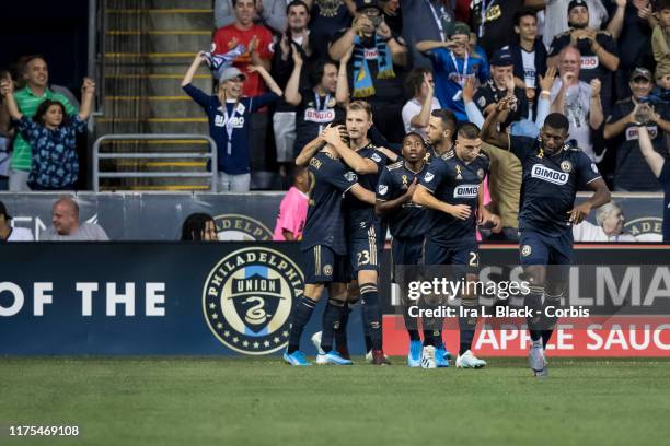 Kacper Przybylko of Philadelphia Union celebrates his goal with teammates during the 1st half of the Major League Soccer match between LAFC and...