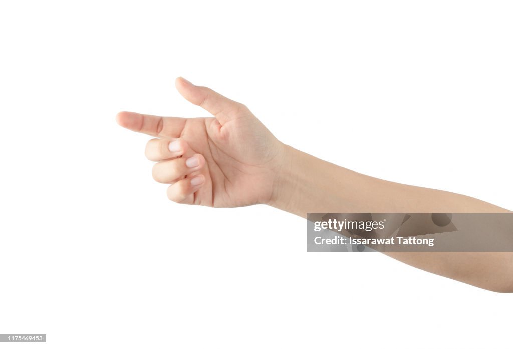 A hand holding something like a bottle or smartphone on white backgrounds, isolated