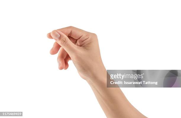 female hand holding a virtual card with your fingers on a white background - hand stock-fotos und bilder