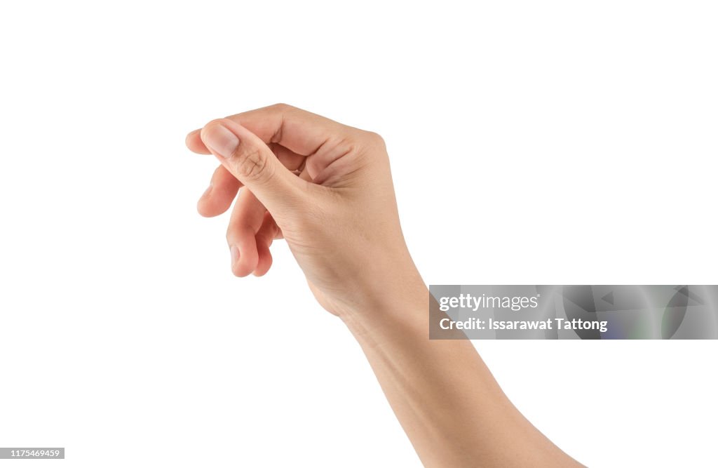 Female hand holding a virtual card with your fingers on a white background