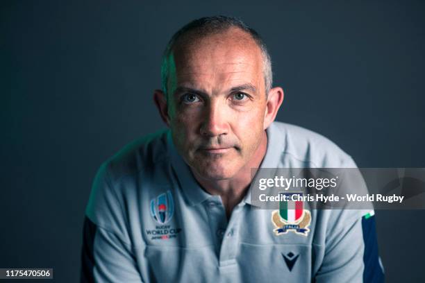Conor O'Shea, Head Coach of Italy poses for a portrait during the Italy Rugby World Cup 2019 squad photo call on September 16, 2019 in Sakai, Osaka,...