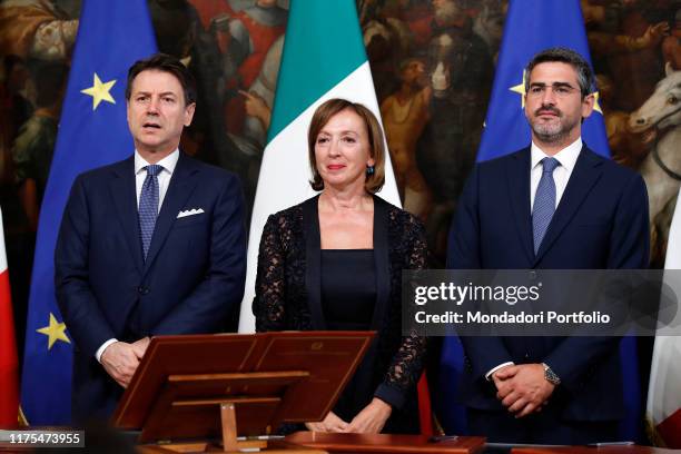 Italian Prime Minister Giuseppe Conte and italian politicians Sandra Zampa and Riccardo Fraccaro during the Oath of Undersecretaries of State in the...