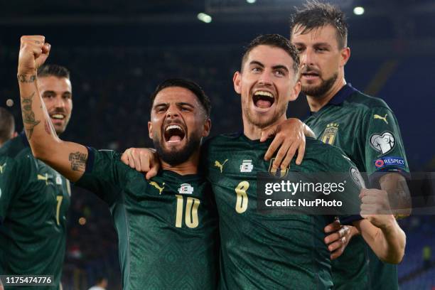 Lorenzo Insigne and Jorginho of Italia during the European Qualifiers match between Italia and Grecia at Stadio Olimpico on october 12, 2019 in Roma...