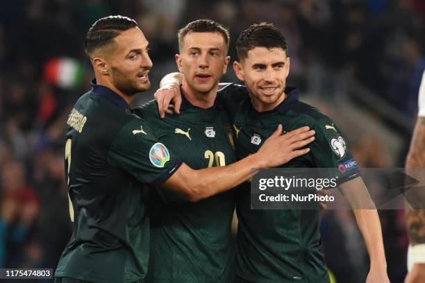 Jorginho and Federico Bernardeschi of Italia during the European Qualifiers match between Italia and Grecia at Stadio Olimpico on october 12, 2019 in...