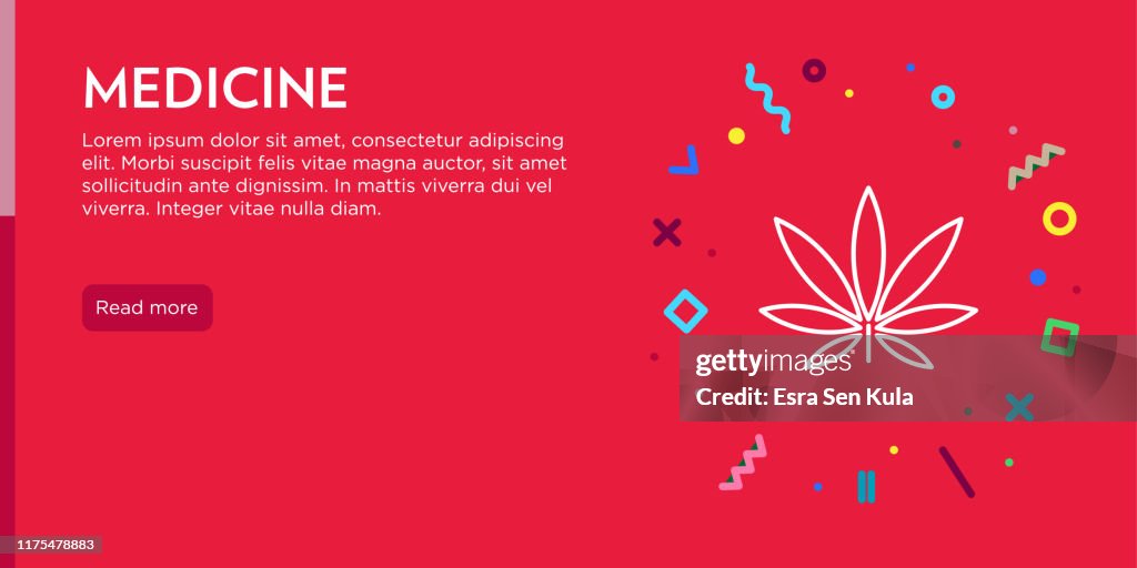 Conceito da medicina. Arte de PNF geométrica e conceito retro da bandeira e do poster do Web do estilo com ícone da marijuana.