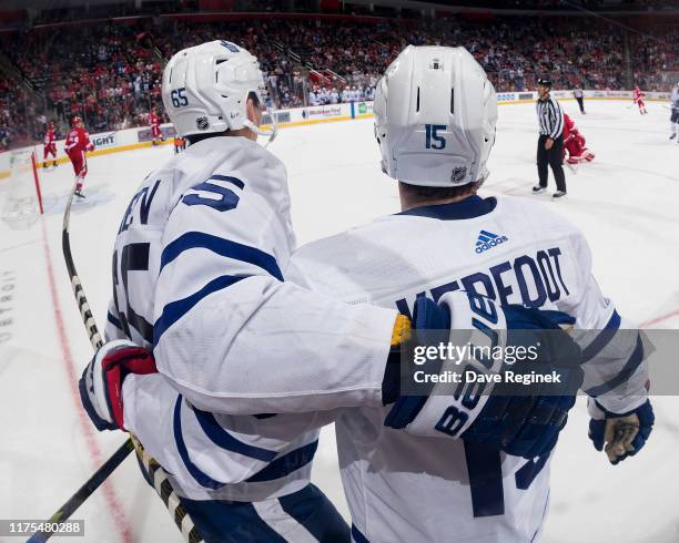 Ilya Mikheyev of the Toronto Maple Leafs celebrates his second period goal with teammate Alexander Kerfoot during an NHL game against the Detroit Red...