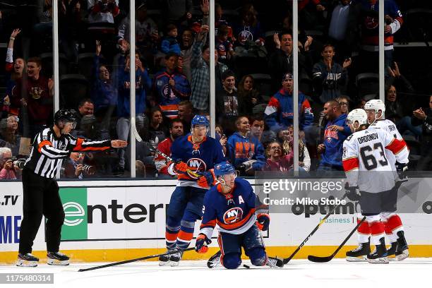 Josh Bailey of the New York Islanders reacts after scoring a goal against the Florida Panthers during the second period at NYCB Live's Nassau...