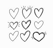Vector hand-drawn childlike doodle heart icons set