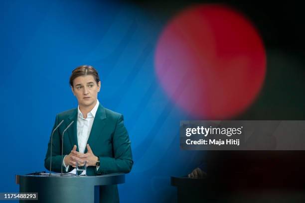 Serbian Prime Minister Ana Brnabic speaks at a a press conference after a meeting with the German Chancellor Angela Merkel at the Chancellery in...