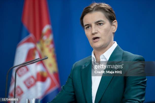 Serbian Prime Minister Ana Brnabic speaks at a press conference after a meeting with German Chancellor Angela Merkel at the Chancellery in Berlin on...