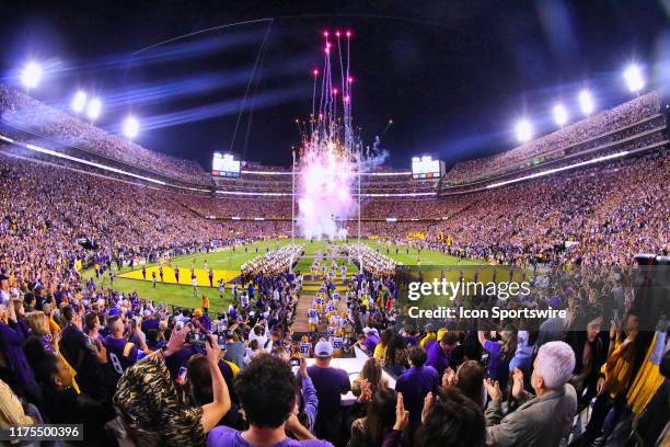 General view of the LSU Tigers runout against Florida Gators on October 12, 2019 at the Tiger Stadium in Baton Rouge, LA.
