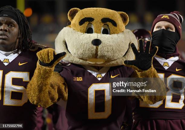 Goldy, mascot for the Minnesota Gophers holds up six fingers after defeating the Nebraska Cornhuskers to start the season 6-0 after the game at TCF...
