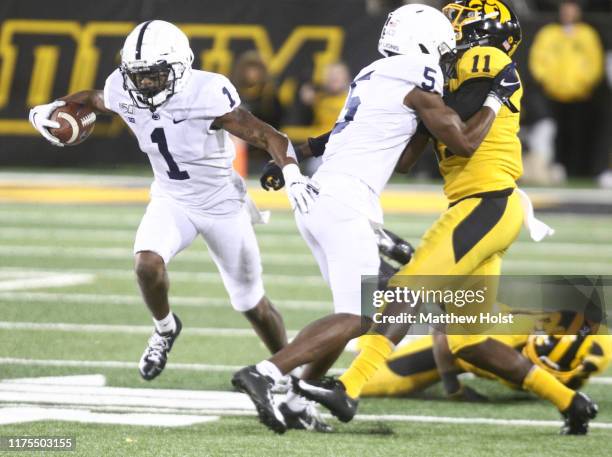 Wide receiver K.J. Hamler of the Penn State Nittany Lions runs up the field in the second half against the Iowa Hawkeyes, on October 12, 2019 at...